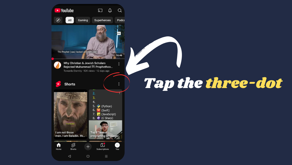 YouTube Shorts section with a three-dot menu on Android