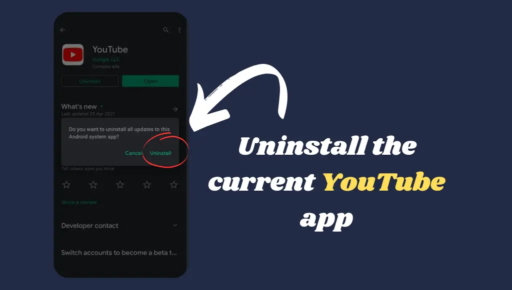 Uninstalling the YouTube app on an Android device.